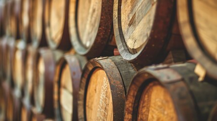 Rows of aged wooden wine barrels creating a rustic backdrop