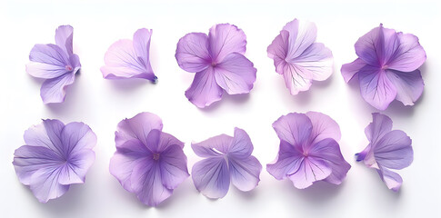 Fototapeta premium Collection of soft purple flower petals isolated on a white background