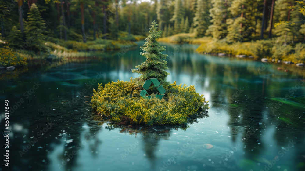 Poster abstract icon representing the ecological call to recycle and reuse in the shape of a pond with recy