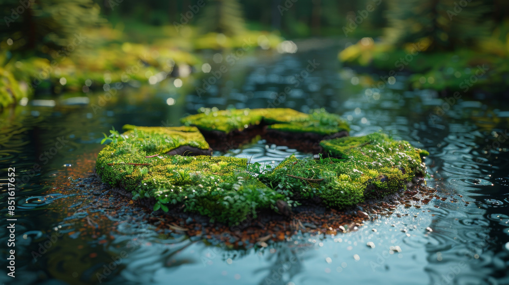 Poster abstract icon representing the ecological call to recycle and reuse in the shape of a pond with recy