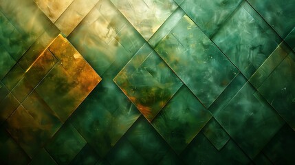 An abstract background featuring a geometric jungle with green and brown parallelograms, vibrant hues of forest green and sepia brown, hd quality, digital art, high contrast, geometric design.