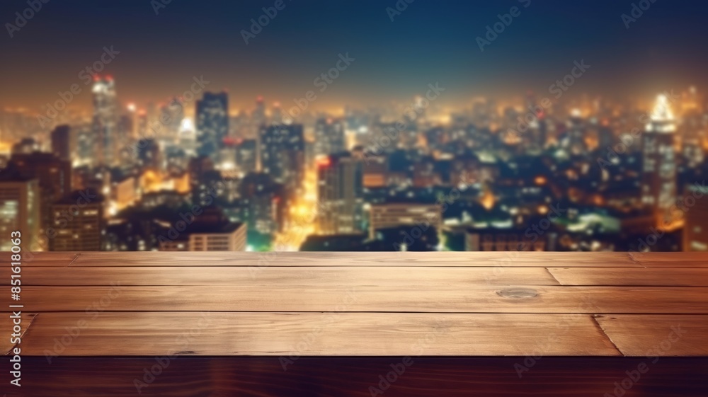 Poster wooden tabletop with blurred cityscape background. an image of table in front of urban city in night