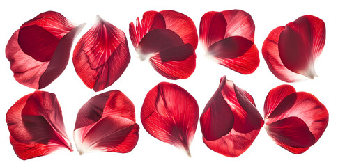Fototapeta premium Collection of soft red flower petals isolated on a white background