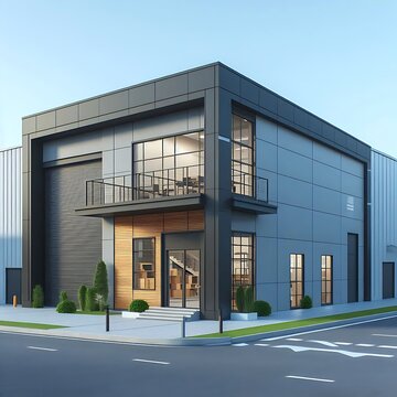 Exterior of a modern warehouse with a small office unit