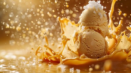 **Caramel ice cream explosion with sea salt, isolated on a solid caramel background. 32k, full...