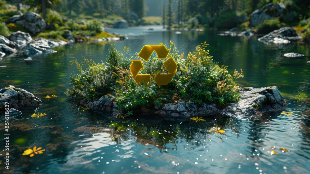 Poster abstract icon representing the ecological call to recycle and reuse in the shape of a pond with recy