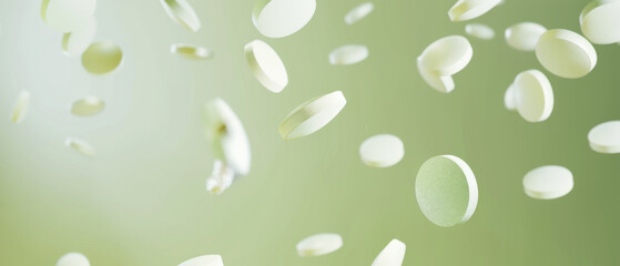 Green pills float gently in a light, soft green background, embodying a sense of wellness, natural medicine, and healthful living.