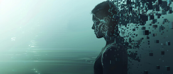 A futuristic digital silhouette of a human figure with its right side transforming into scattered pixels against a serene, pastel green background.