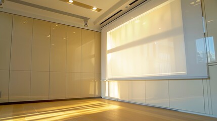 A light room with a wall of sleek, white storage cabinets and a hidden, retractable projection screen