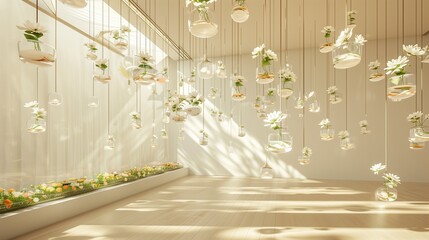 A light room with a wall of suspended, glass vases filled with floating flowers