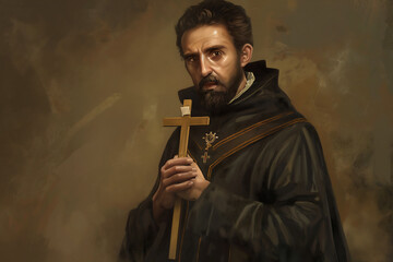 illustration of Saint Francis Xavier, dressed in his missionary garb, holding a crucifix and Bible