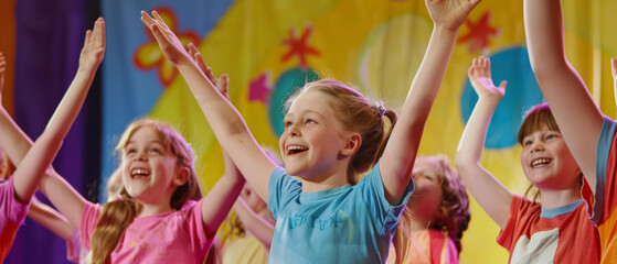 A lively group of children perform on stage, their bright smiles and enthusiastic movements bringing joy and energy to the colorful backdrop.
