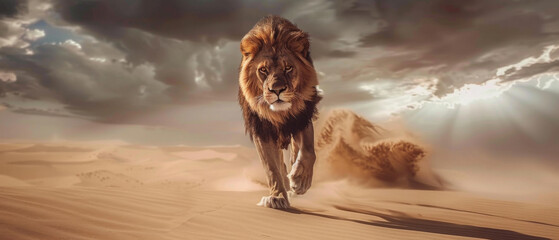 A powerful lion strides purposefully through a windswept desert under a brooding sky, embodying strength and resilience in a dynamic landscape.