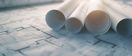 Rolled blueprints on an illuminated architectural plan create a sense of focused creativity and meticulous planning in this detailed and artistic shot.