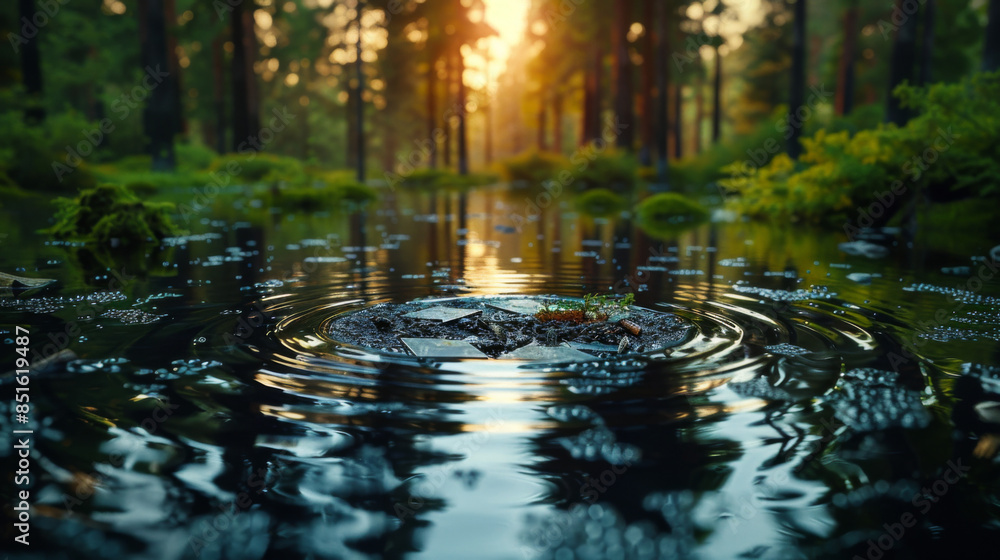 Poster abstract icon representing the ecological call to recycle and reuse in the shape of a pond with recy
