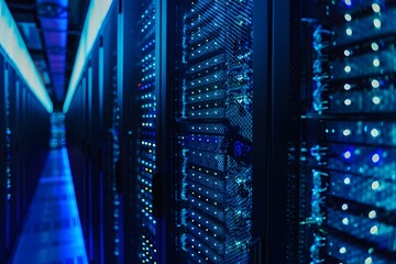 High-tech data center with rows of advanced computer graphics, glowing blue lights illuminating the scene, symmetrical composition showcasing modern technology and security features, high-resolution 