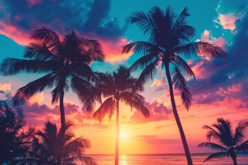 colorful sunset with palm trees on a tropical beach background. beautiful sky in the evening. colorful clouds and the silhouette of a coconut tree at the sea shore