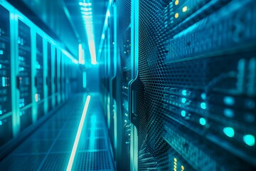 High-tech data center with rows of advanced computer graphics, glowing blue lights illuminating the scene, symmetrical composition showcasing modern technology and security features, high-resolution 