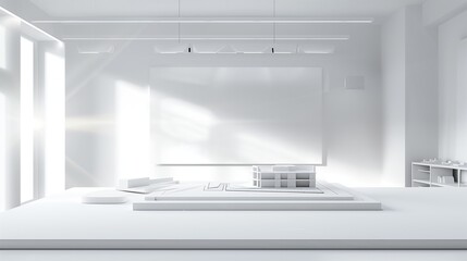 A minimalist design studio with white walls, a large drafting board, and a spotlight highlighting a scale model of a modern building