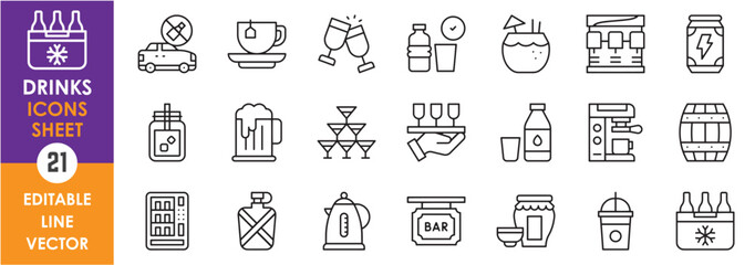 A set of line icons related to drinks. Drinks, wine, coffee, cold drinks, energy drinks, barrel, bar, water, milk and so on. Vector outline icons set.