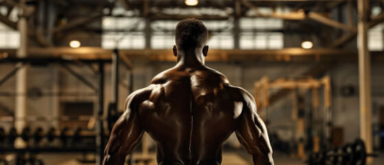 Fototapeta premium A muscular individual stands confidently in a well-lit gym, radiating strength and determination, embodying the essence of peak physical condition.
