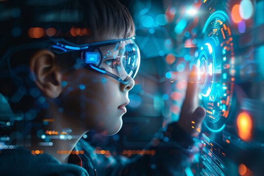 science technology concept Education new technology. children use futuristic processor for augmented reality High technology and communication concept