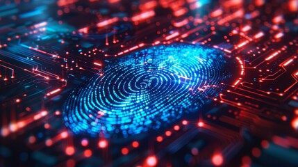 Fingerprint scan revealing fluctuating economic data, neon blue and red, sleek design, futuristic, art