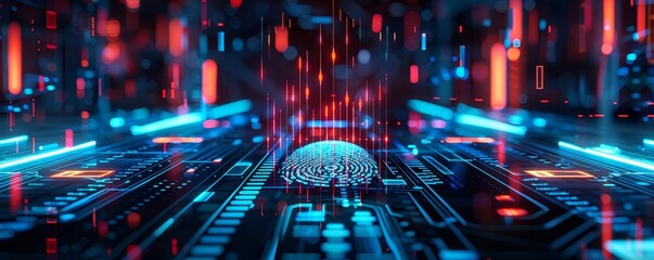 Fingerprint scanner displaying inflation data spikes, neon blue and red, sleek design, cyberpunk, digital illustration