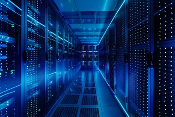 High-tech data center with rows of advanced computer graphics, glowing blue lights illuminating the scene, symmetrical composition showcasing modern technology and security features, high-resolution 