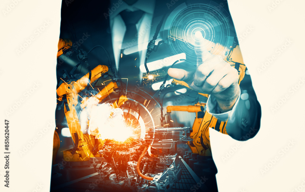 Poster mlp mechanized industry robot arm and factory worker double exposure. concept of robotics technology