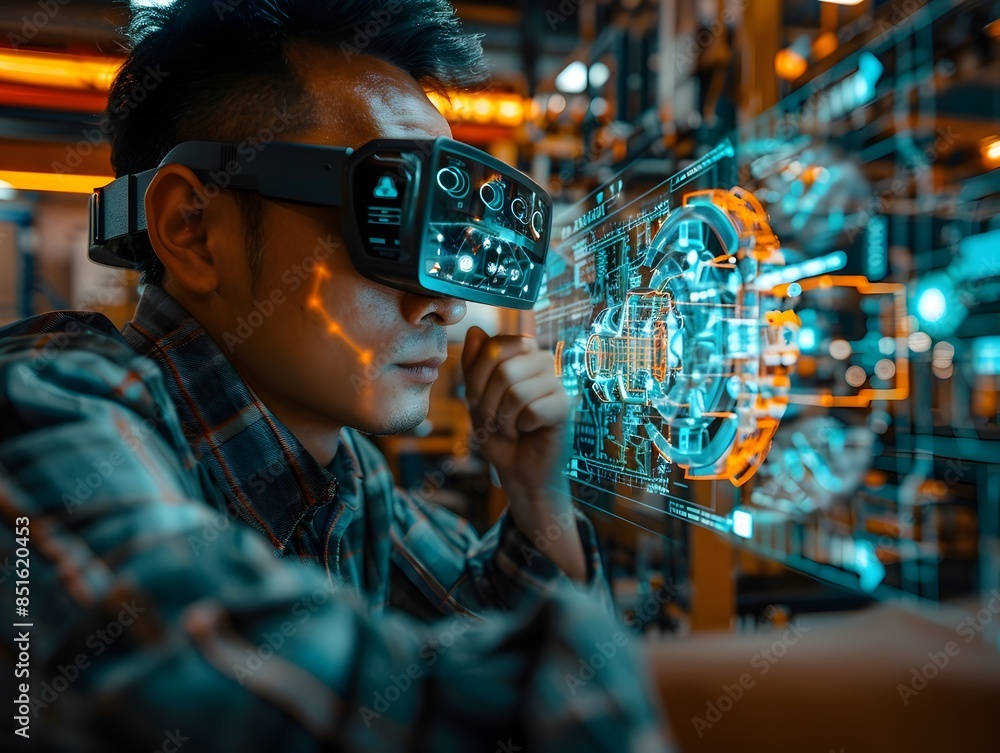 Poster an engineer using augmented reality glasses to work on a complex machinery blueprint a technology co