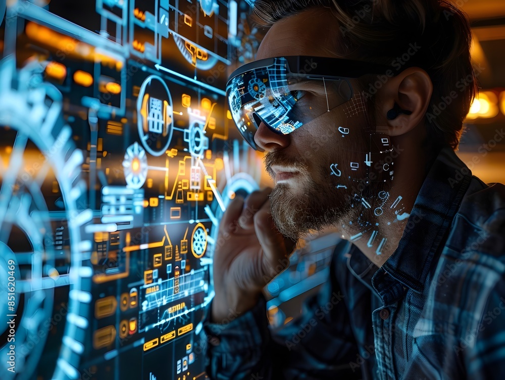 Aufkleber engineer utilizing augmented reality glasses to analyze complex machinery blueprint