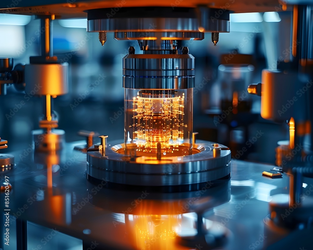 Poster cutting edge quantum computing research laboratory with glowing quantum bits technology concept