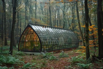 Glass greenhouse in serene forest, surrounded by ferns and autumn foliage, creating a peaceful, natural setting.