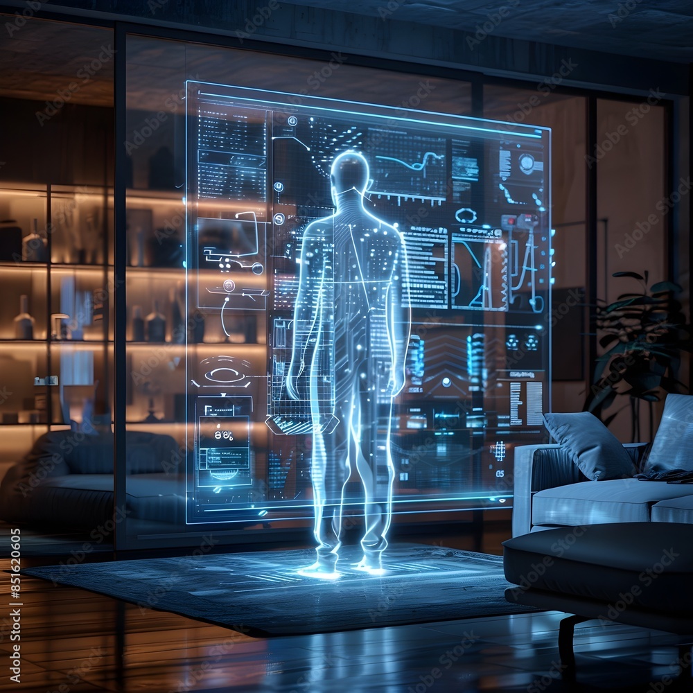 Poster futuristic holographic assistant projected in modern apartment for daily task automation and conveni