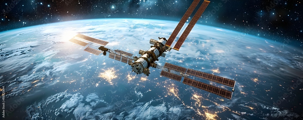 Poster advanced autonomous space station orbiting earth with ai powered management and