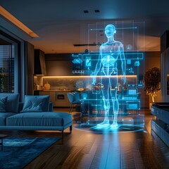 Fototapeta premium Holographic Personal Assistant Projecting in Modern Apartment