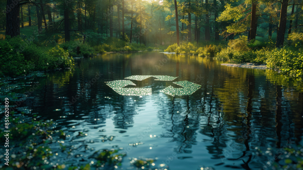 Poster abstract icon representing the ecological call to recycle and reuse in the shape of a pond with recy