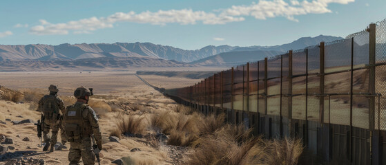 Soldiers patrol a desolate border in a vast, arid desert landscape, illustrating the stark isolation and vigilance of their mission.