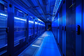 High-tech data center with rows of advanced computer graphics, glowing blue lights illuminating the scene, symmetrical composition showcasing modern technology and security features, high-resolution 