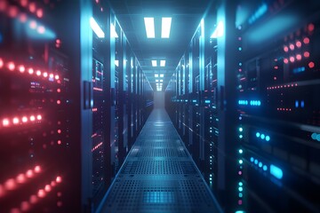 High-tech data center with rows of advanced computer graphics, glowing blue lights illuminating the scene, symmetrical composition showcasing modern technology and security features, high-resolution 