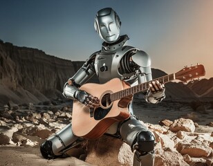Fototapeta premium robust robot on the dessert playing guitar in the dark apocalyptic set up, concept for music festival on the dessert