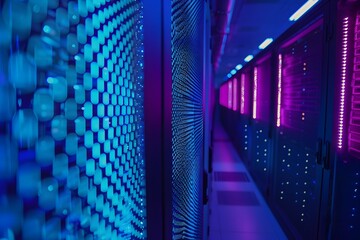 High-tech data center with rows of advanced computer graphics, glowing blue lights illuminating the scene, symmetrical composition showcasing modern technology and security features, high-resolution 