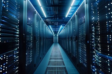 High-tech data center with rows of advanced computer graphics, glowing blue lights illuminating the scene, symmetrical composition showcasing modern technology and security features, high-resolution 