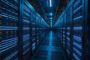 High-tech data center with rows of advanced computer graphics, glowing blue lights illuminating the scene, symmetrical composition showcasing modern technology and security features, high-resolution 