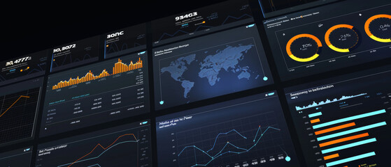 A high-tech dashboard with various graphs and world maps on multiple screens represents a comprehensive real-time data analysis center, showcasing global metrics and performance insights.