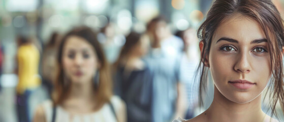 Obraz premium A young woman is sharply in focus while the busy crowd surrounding her is blurred. She gazes confidently into the camera, creating a striking contrast.