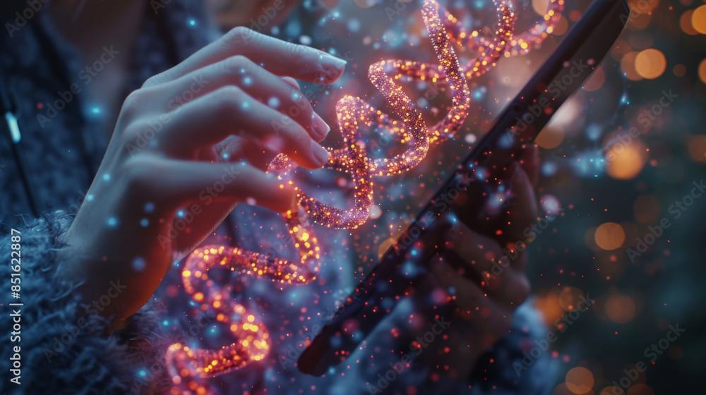 Poster Abstract luminous DNA molecule. Doctor using tablet and check with analysis chromosome DNA genetic of human on virtual interface. Medicine. Medical science and biotechnology.