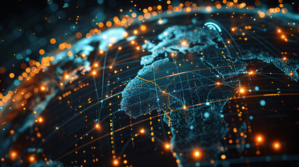 Glowing data connections around Earth in digital cyber network art