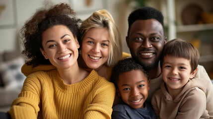 Interracial polyamorous family smiling in a cozy living room.
